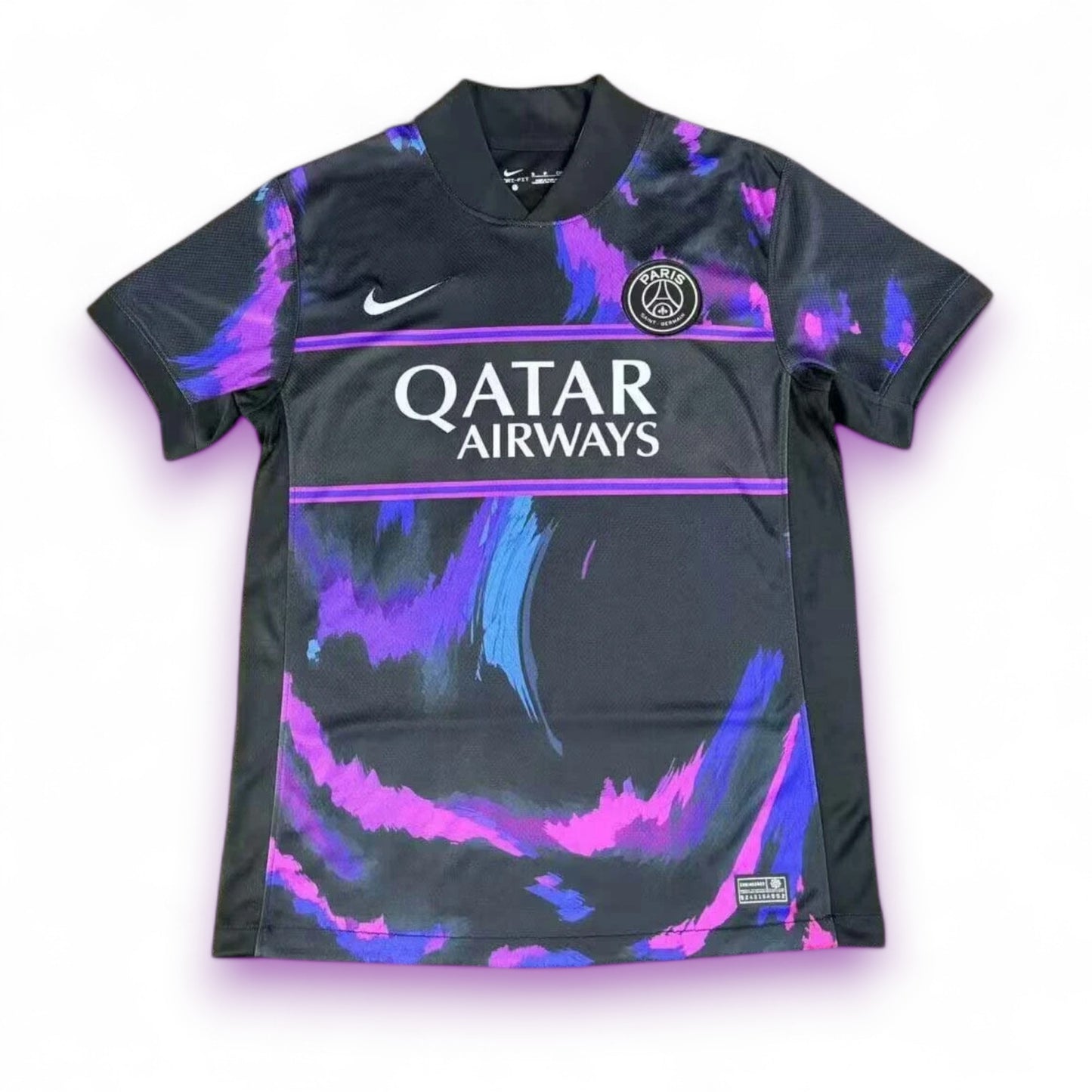 GOATkitz PSG 2025-26 adult jersey in black with purple and blue swirl design. Features Qatar Airways sponsor and PSG crest.