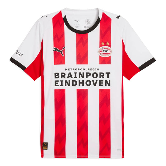 GOATkitz PSV Eindhoven 2025-26 adult home jersey in white with red vertical stripes, black collar and sleeve trim.