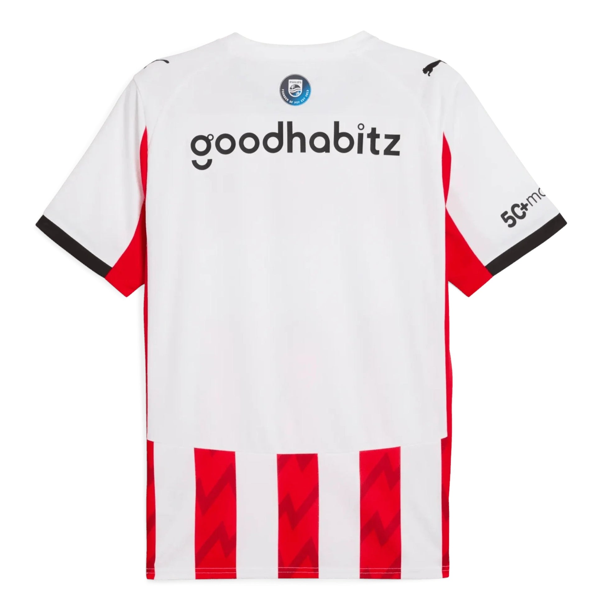 GOATkitz PSV Eindhoven 2025-26 adult home jersey, white with red side panels and striped hem. Customizable.
