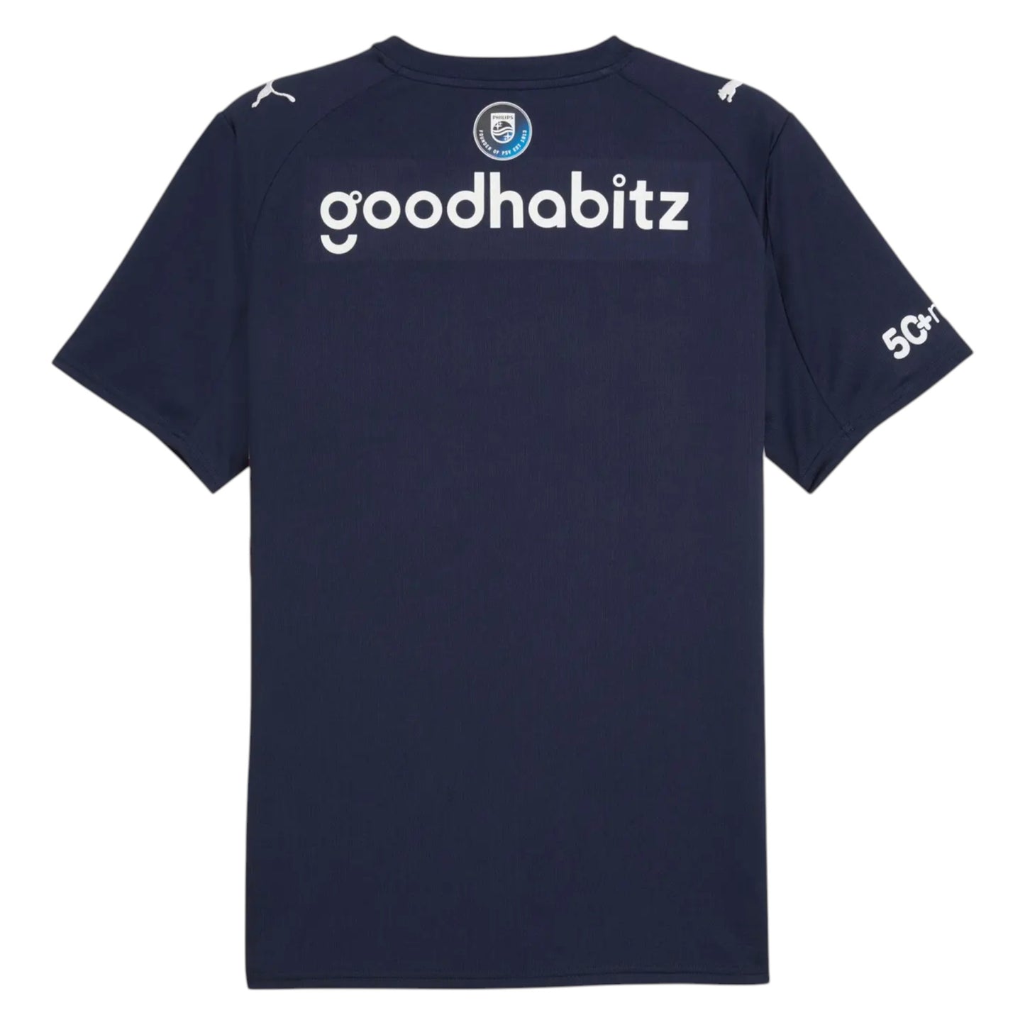 GOATkitz navy blue PSV Eindhoven 2025-26 adult away jersey with white 'goodhabit' logo and '50+' detail on sleeve.