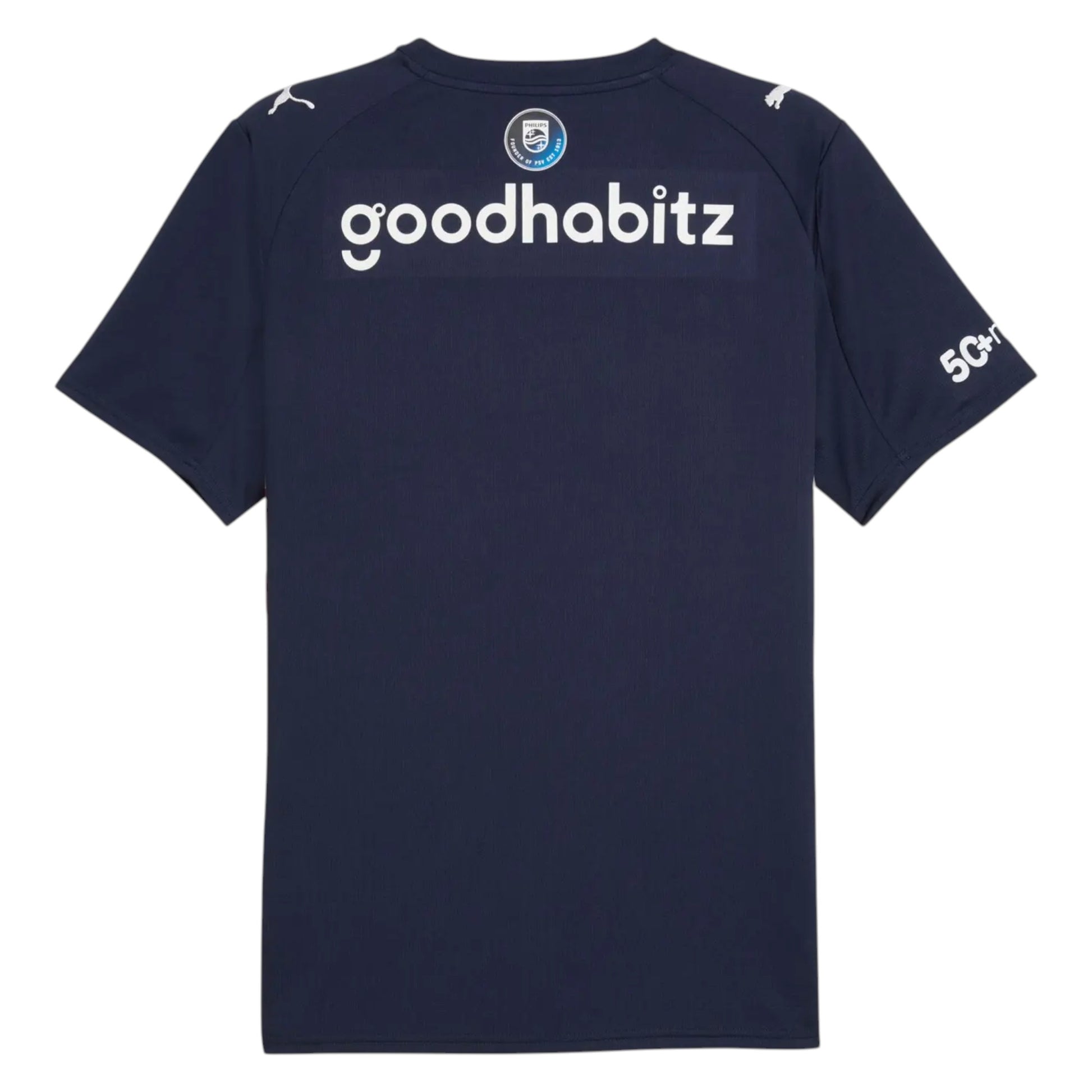GOATkitz navy blue PSV Eindhoven 2025-26 adult away jersey with white 'goodhabit' logo and '50+' detail on sleeve.