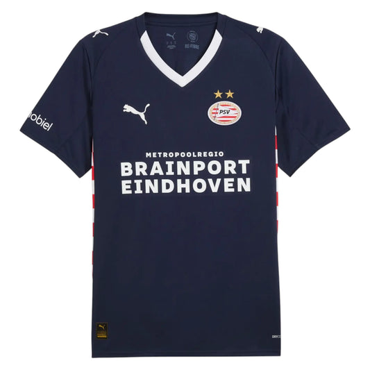 GOATkitz PSV Eindhoven 2025-26 adult away jersey in navy blue with white V-neck and red side stripes. Features PSV crest and sponsor logo.