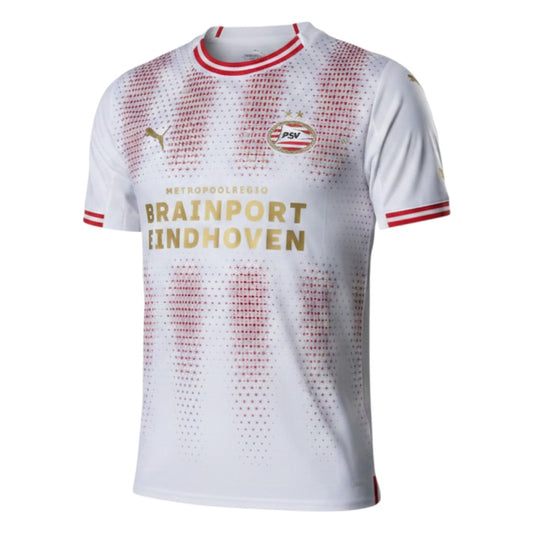 GOATkitz PSV Eindhoven white special edition kids jersey with red accents and gold text. Model wears jersey and shorts.