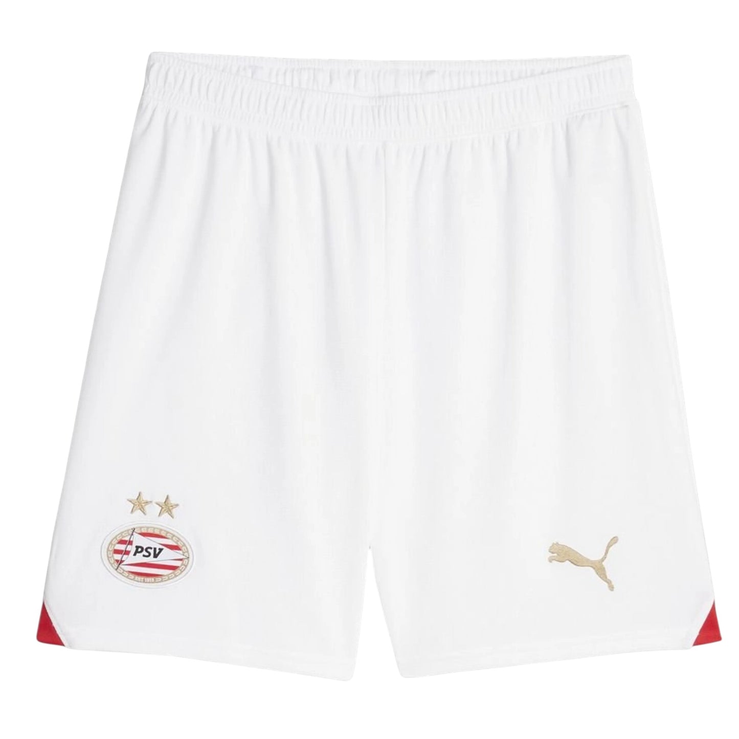 GOATkitz PSV Eindhoven white kids football shorts with red trim and gold Puma logo. Features PSV crest.