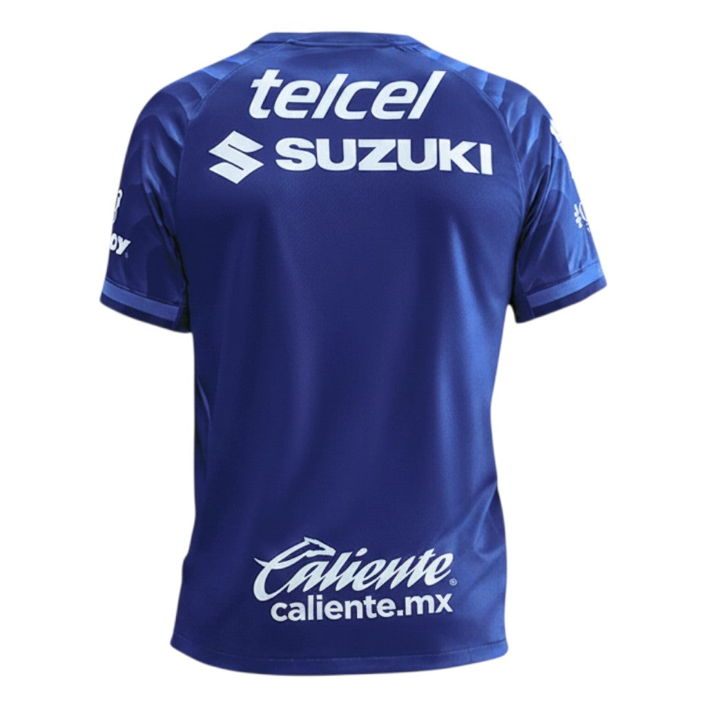 GOATkitz Pumas UNAM 2025-26 adult away jersey in royal blue with white Telcel and Suzuki logos on the back.