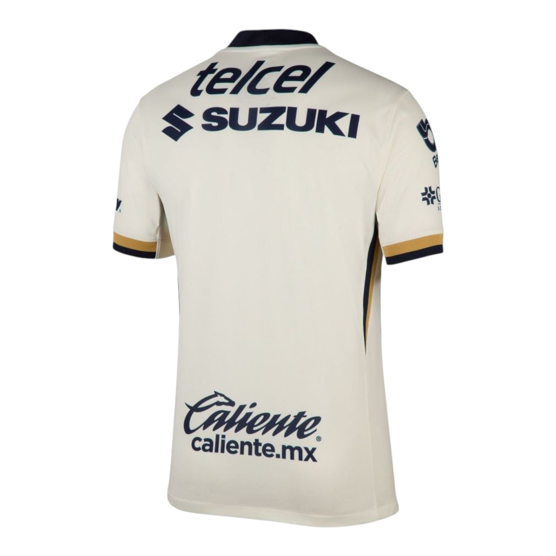 GOATkitz Pumas UNAM 2025-26 adult home jersey in off-white with navy blue accents and gold trim on the sleeves. Features sponsor logos on the back and front.