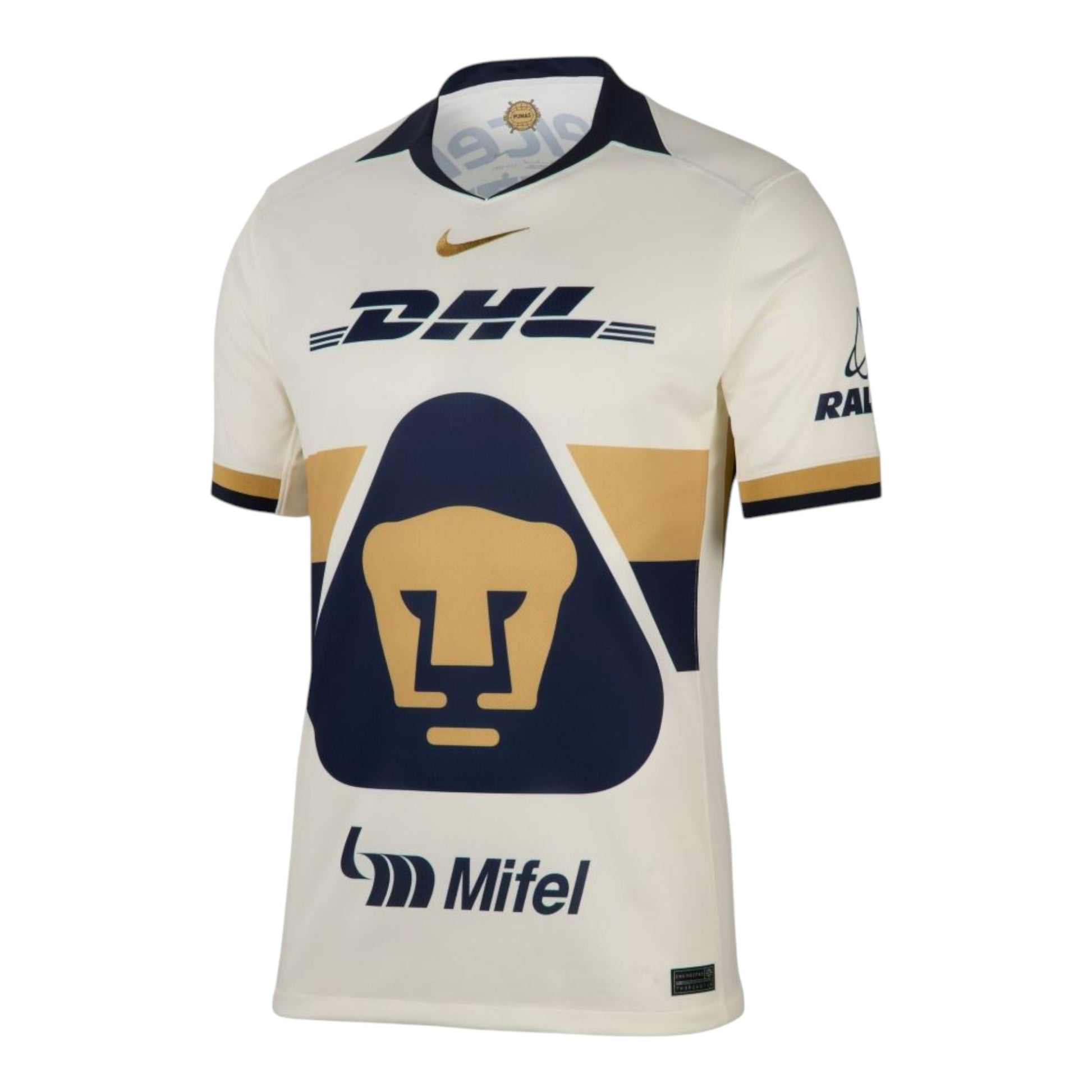GOATkitz Pumas UNAM 2025-26 adult home jersey in cream with navy and gold accents. Features DHL and Mifel logos.