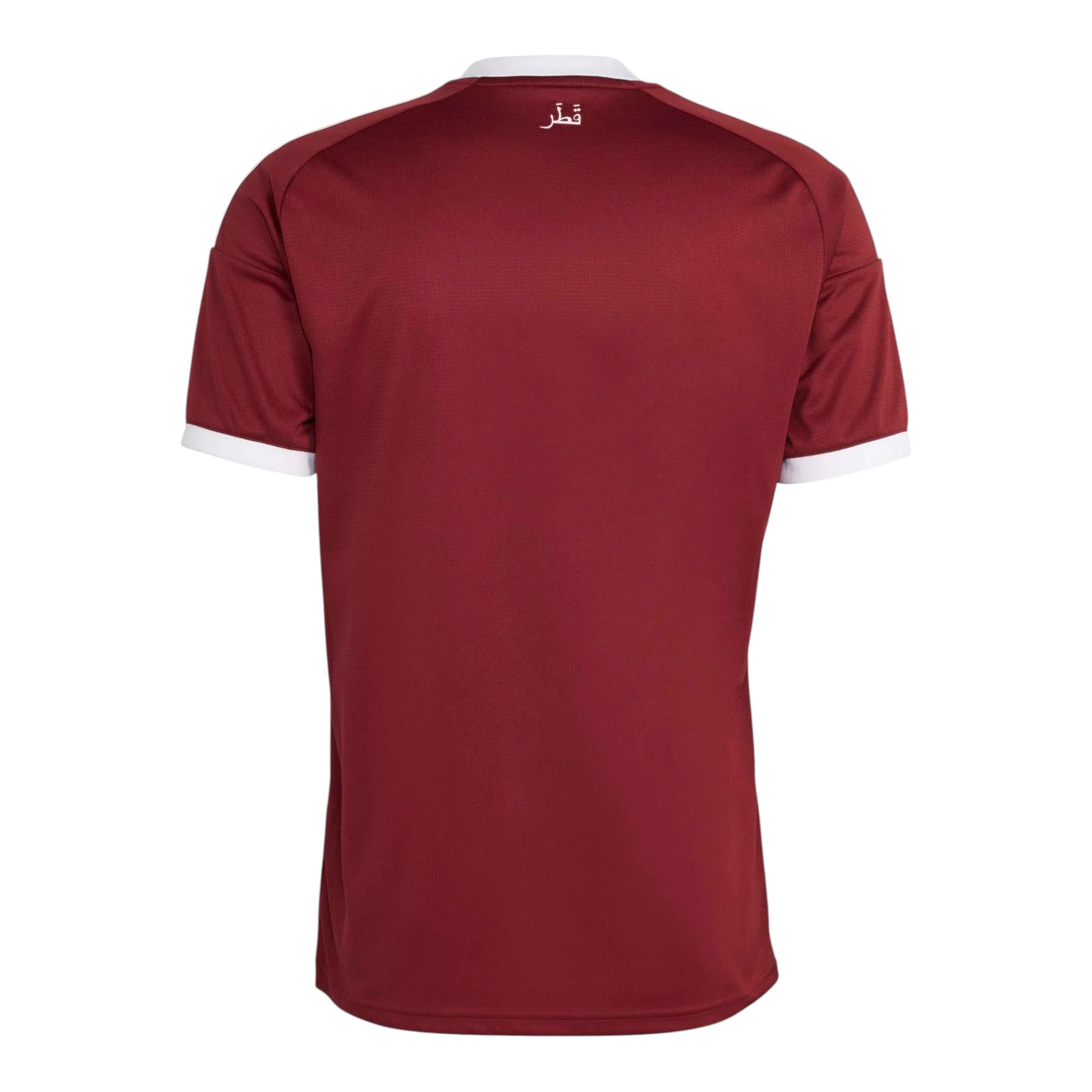 GOATkitz maroon Qatar 2026 fan jersey with white trim on collar and sleeves. Arabic text on back.
