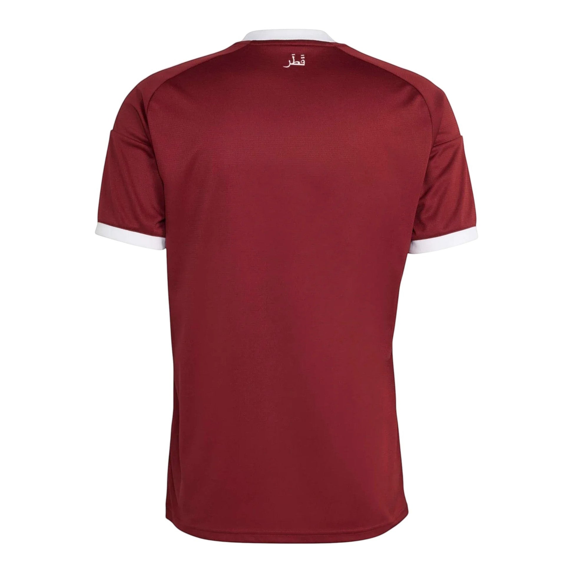 GOATkitz maroon Qatar 2026 kids home jersey with white trim on collar and sleeves. Arabic text "Qatar" on back.