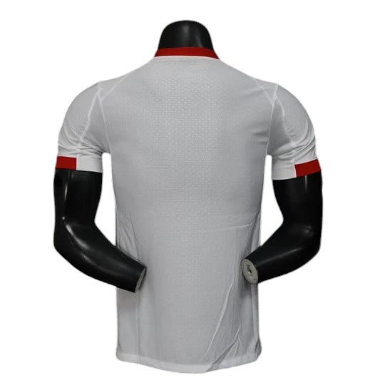 GOATkitz RB Leipzig 2025-26 adult player version home jersey, white with red collar and sleeve trim. Customizable.