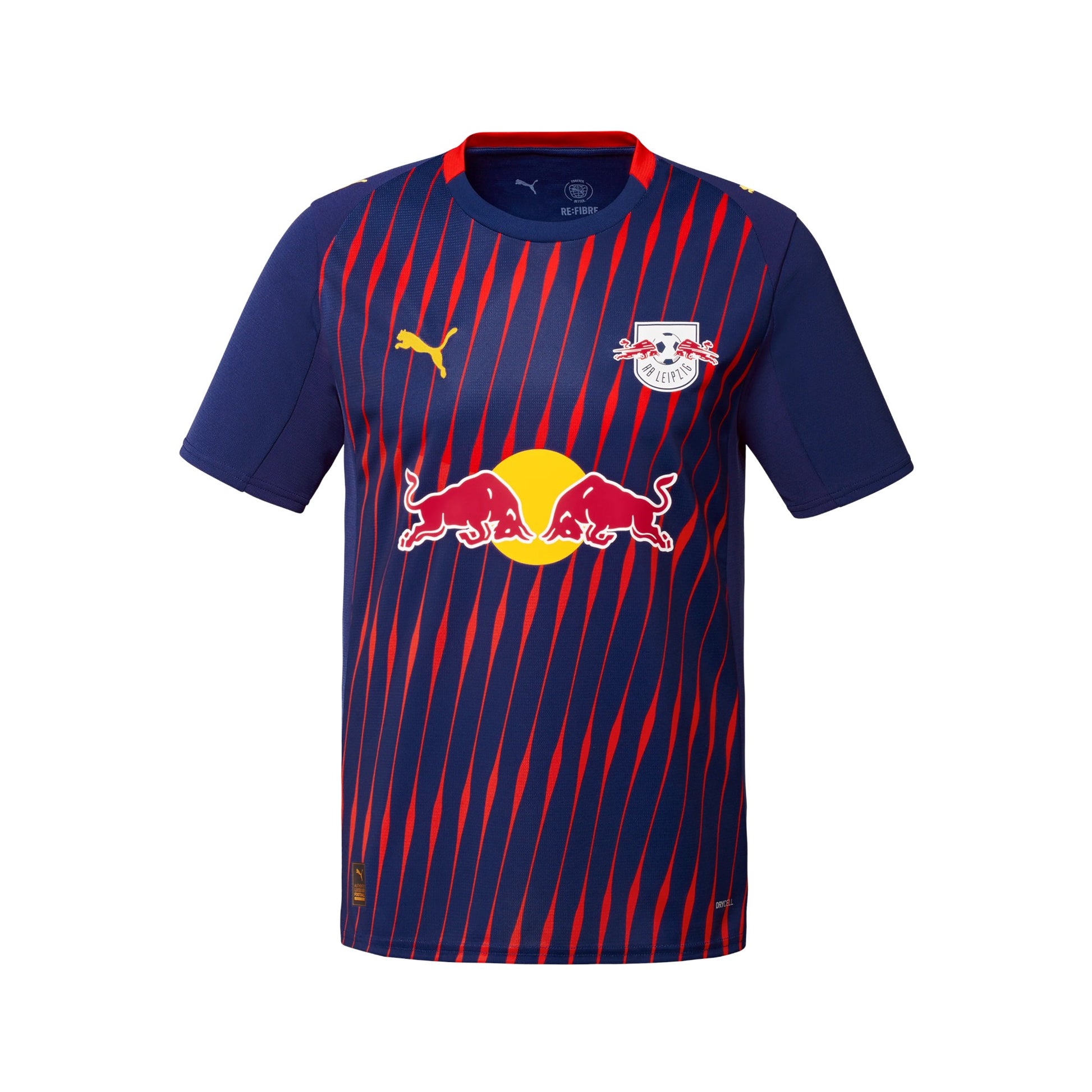 GOATkitz RB Leipzig 2025-26 adult away jersey in navy blue with red diagonal stripes, featuring team crest and Puma logo.
