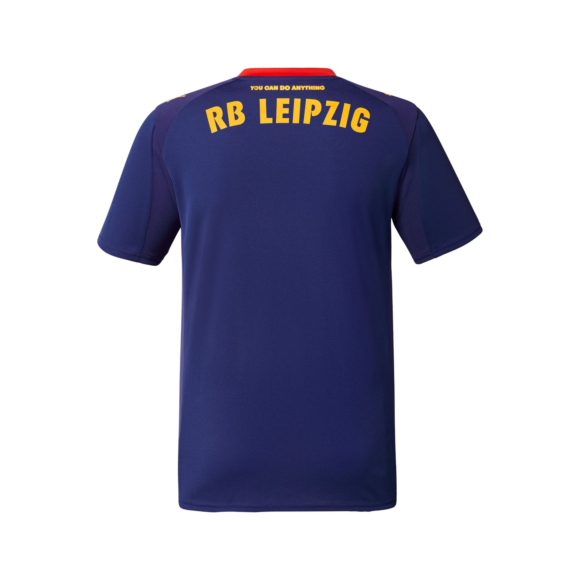 GOATkitz RB Leipzig 2025-26 adult away jersey in navy blue with yellow lettering and red collar detail. Customizable.