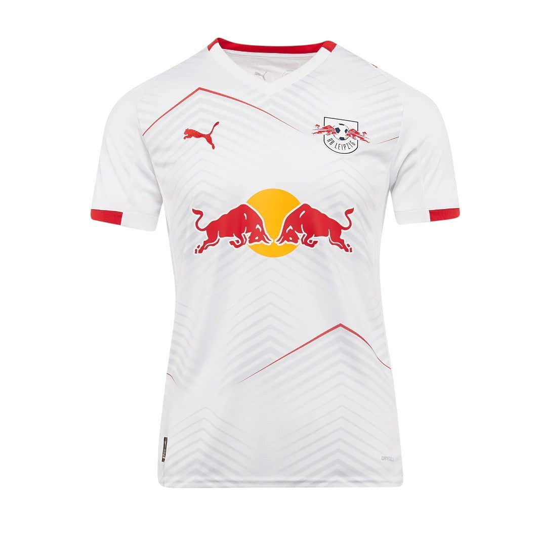GOATkitz RB Leipzig 2025-26 adult home jersey, white with red trim, featuring the iconic bull logo and Puma branding.