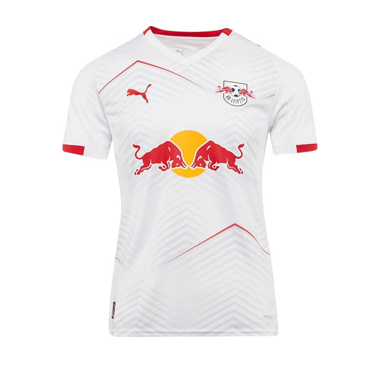 GOATkitz RB Leipzig 2025-26 adult home jersey, white with red trim, featuring the iconic bull logo and Puma branding.