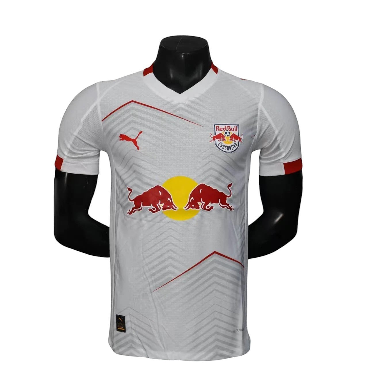 GOATkitz RB Leipzig 2025-26 adult player version home jersey in white with red accents and bull graphics. Customizable.
