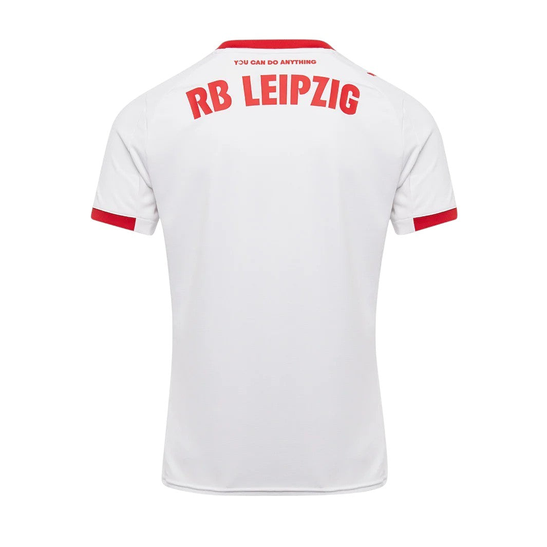 GOATkitz white RB Leipzig 2025-26 adult home jersey with red trim and collar, featuring 'RB LEIPZIG' text on the back.