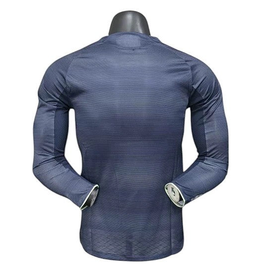 GOATkitz Real Madrid 2025-26 away long sleeve player version jersey, dark blue with subtle pinstripe pattern.