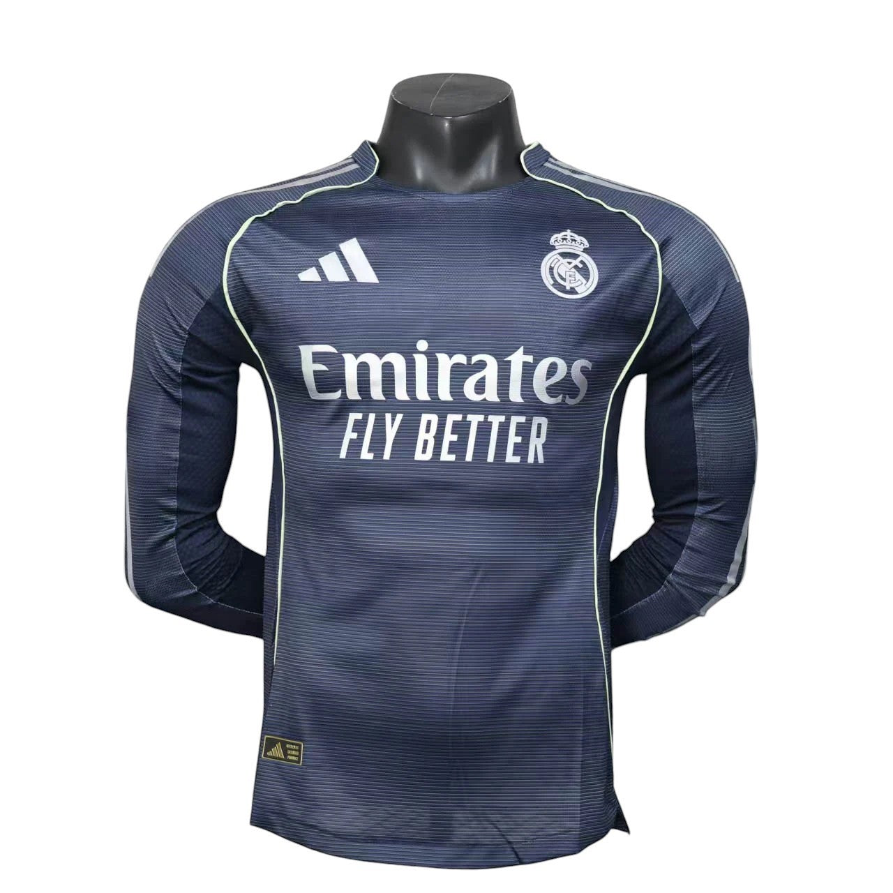 GOATkitz Real Madrid 2025-26 dark grey long sleeve player version jersey with white Emirates Fly Better sponsor.