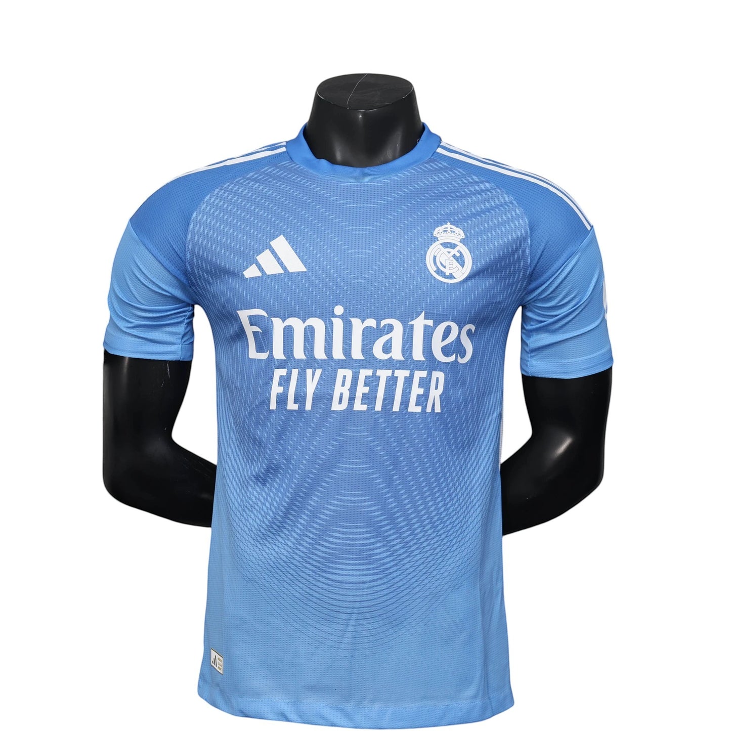 GOATkitz Real Madrid 2025-26 blue goalkeeper player version jersey with Emirates Fly Better sponsor.