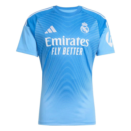 GOATkitz Real Madrid 2025-26 blue goalkeeper jersey with white Emirates Fly Better sponsor and Adidas stripes.