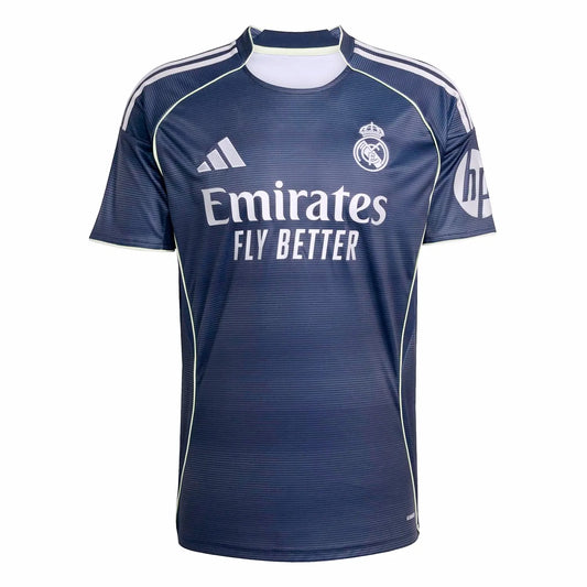 GOATkitz Real Madrid 2025-26 adult away jersey in dark blue with white accents and logos. Customizable.