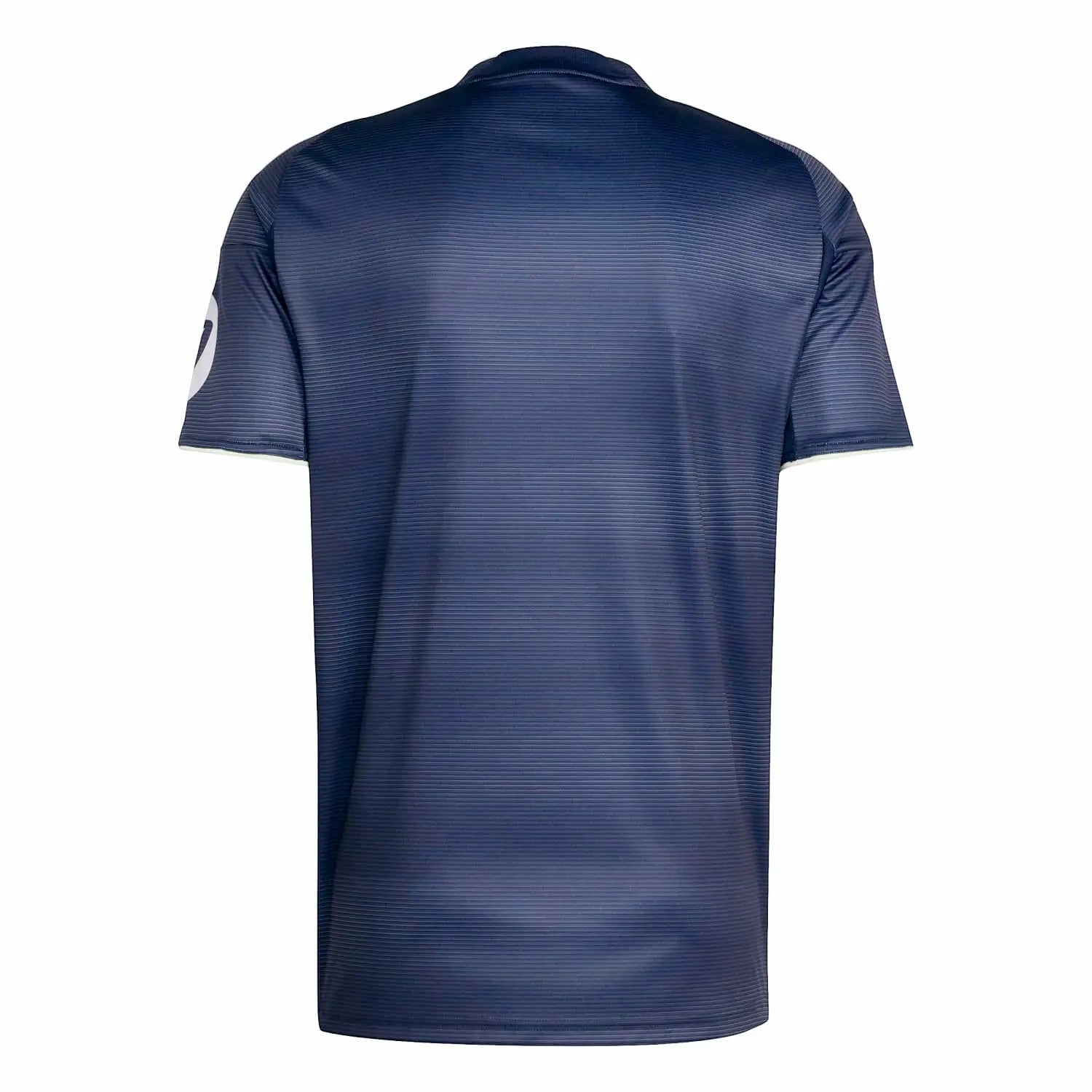 GOATkitz Real Madrid 2025-26 adult away jersey, navy blue with subtle horizontal pinstripe pattern and white trim on sleeves.