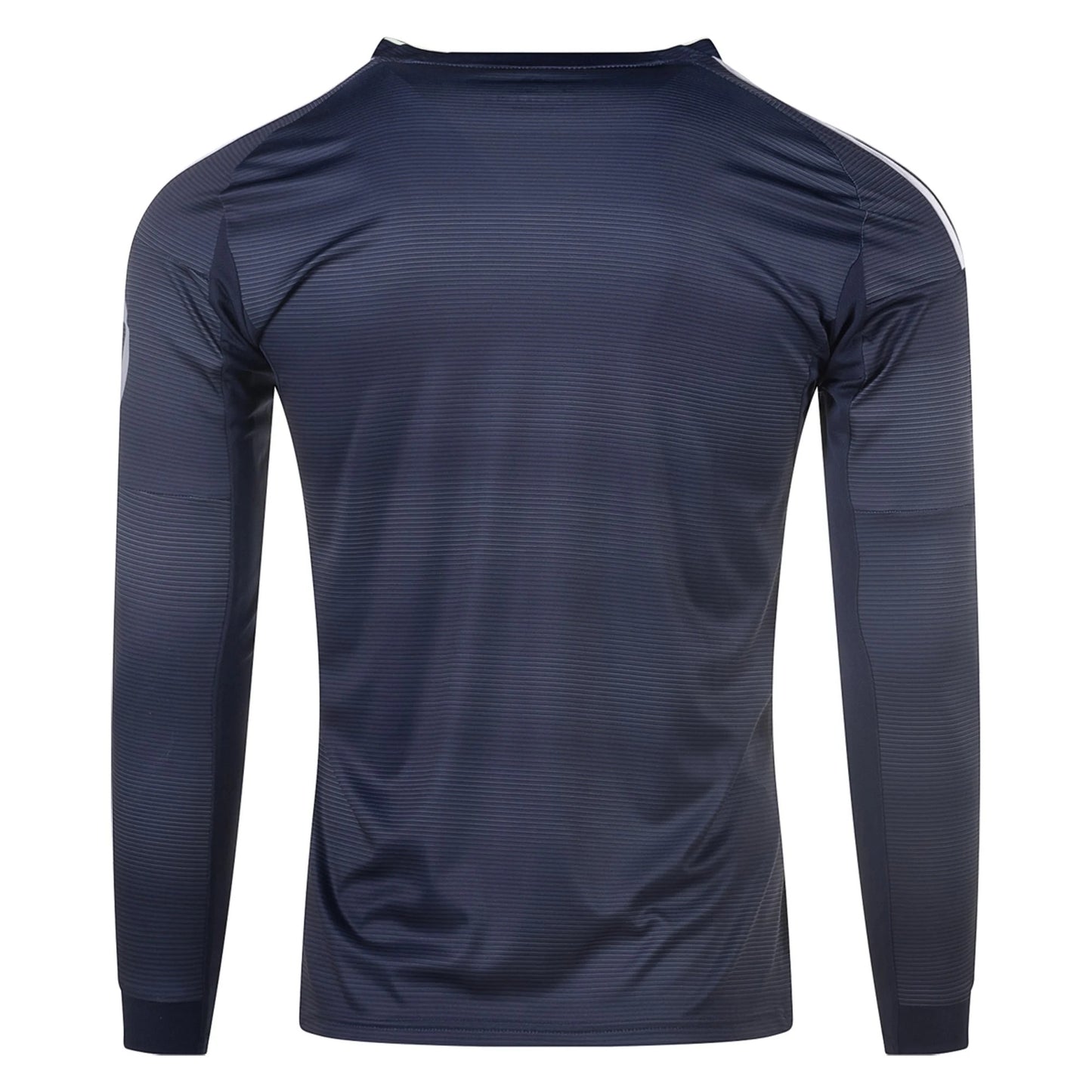 GOATkitz Real Madrid 2025-26 adult away long sleeve jersey in navy blue with white stripes on shoulders. Features subtle horizontal pinstripe pattern.