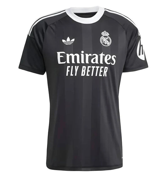 GOATkitz Real Madrid 2025-26 black kids goalkeeper jersey with white trim and Emirates Fly Better sponsor.
