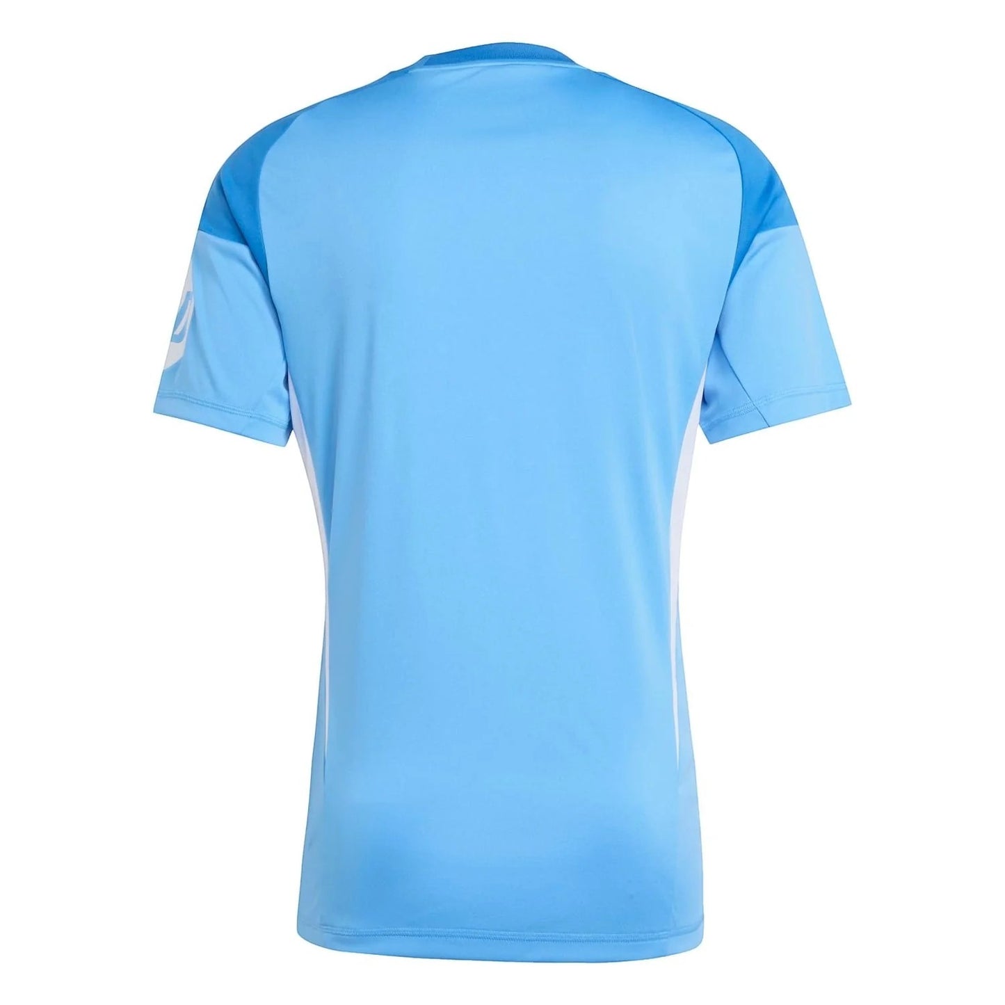GOATkitz Real Madrid 2025-26 blue goalkeeper jersey, short sleeves, crew neck, white side panels, customizable.