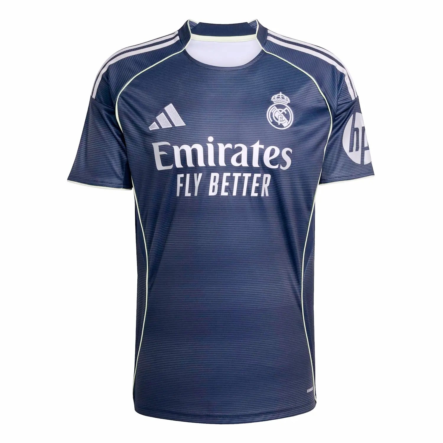 GOATkitz Real Madrid 2025-26 kids away jersey in navy blue with white accents and logos. Features Emirates Fly Better sponsor.