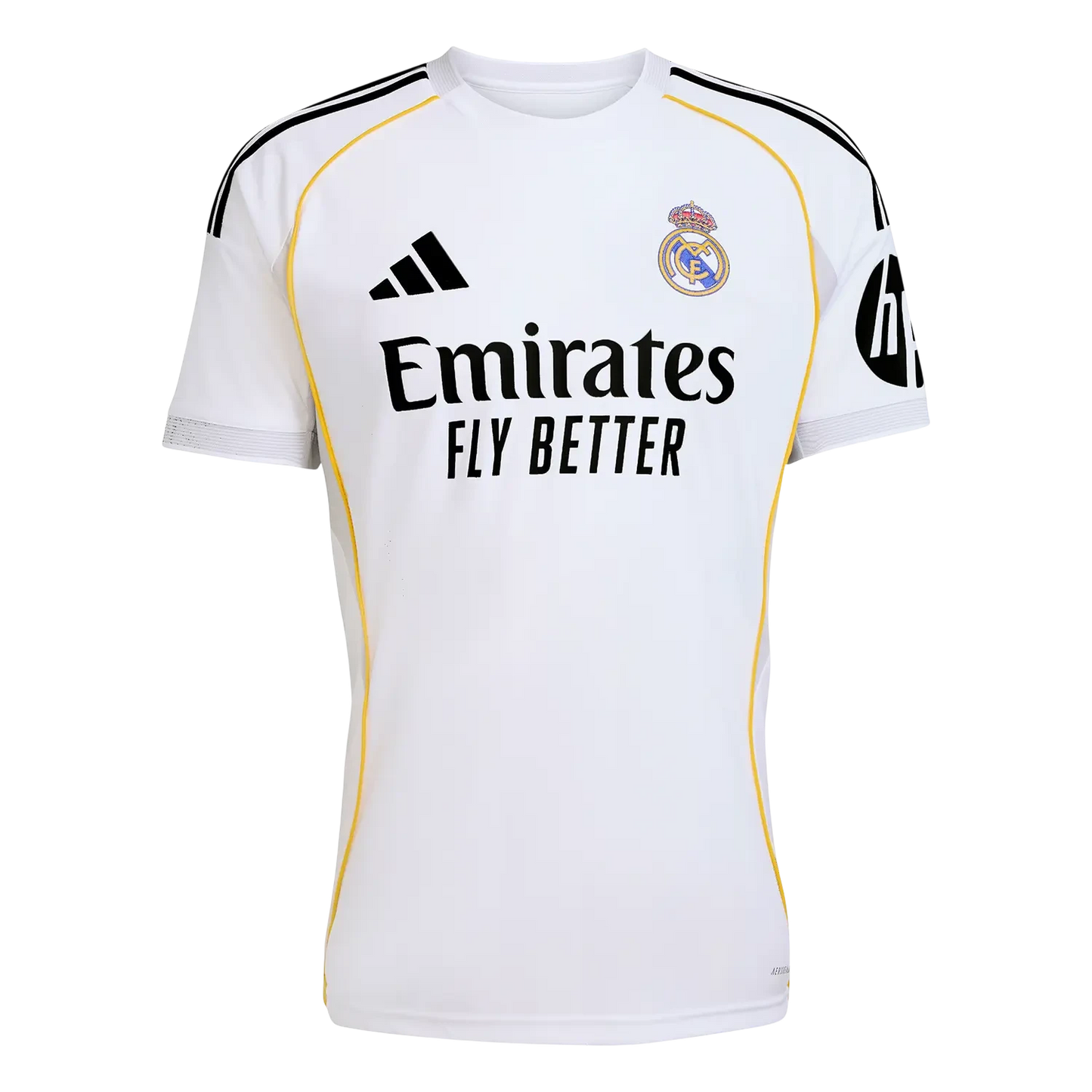 GOATkitz Real Madrid 2025-26 kids home jersey in white with yellow trim and black Adidas stripes. Features Emirates Fly Better sponsor.