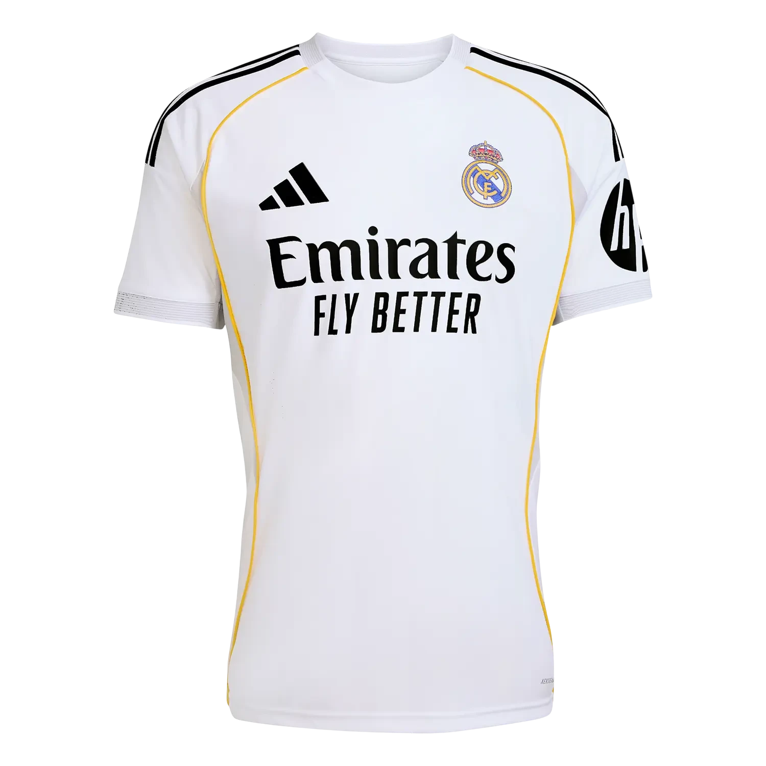 GOATkitz Real Madrid 2025-26 kids home jersey in white with yellow trim and black Adidas stripes. Features Emirates Fly Better sponsor.