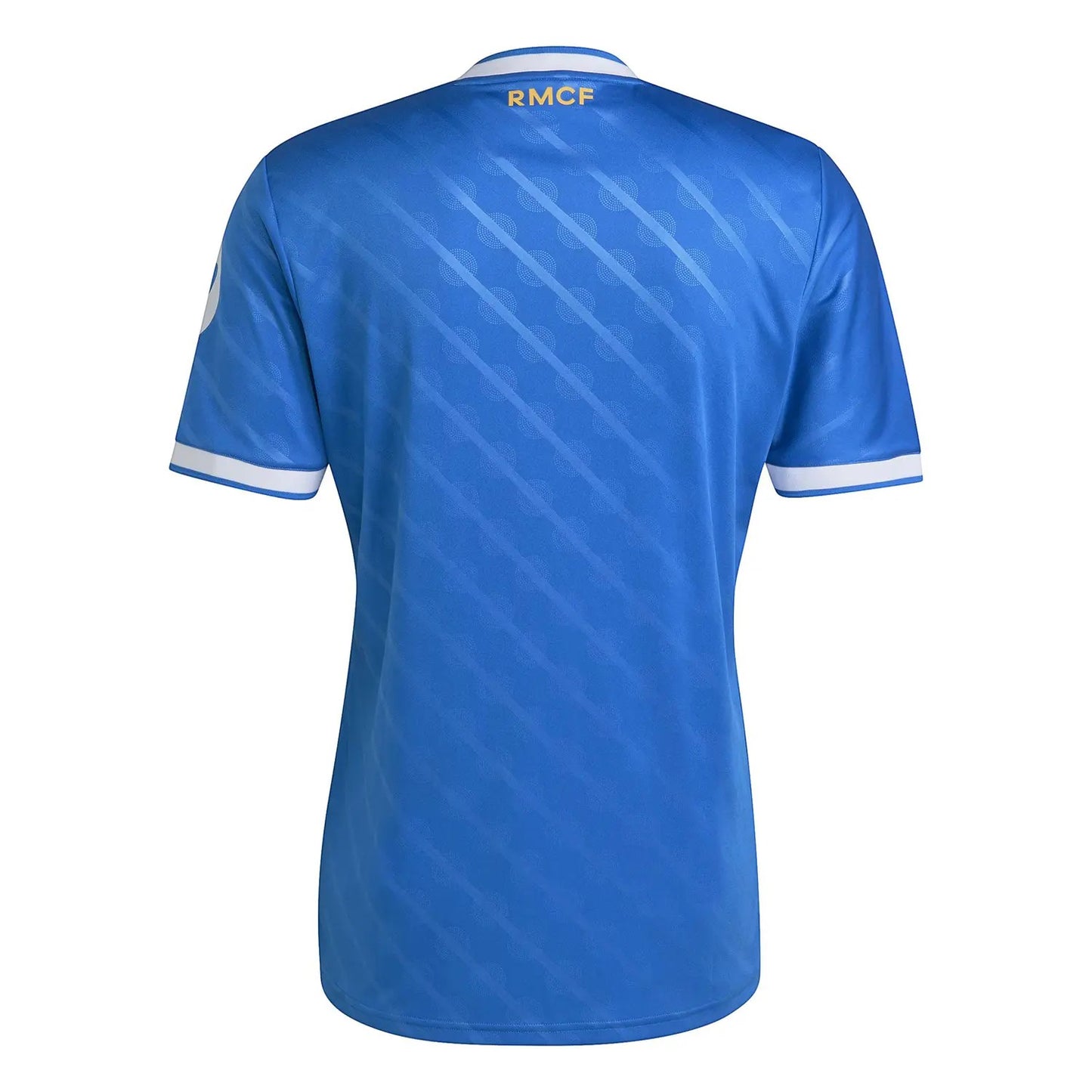 GOATkitz Real Madrid 2025-26 kids third jersey in blue with white trim on sleeves and collar. Features a subtle diagonal stripe pattern.