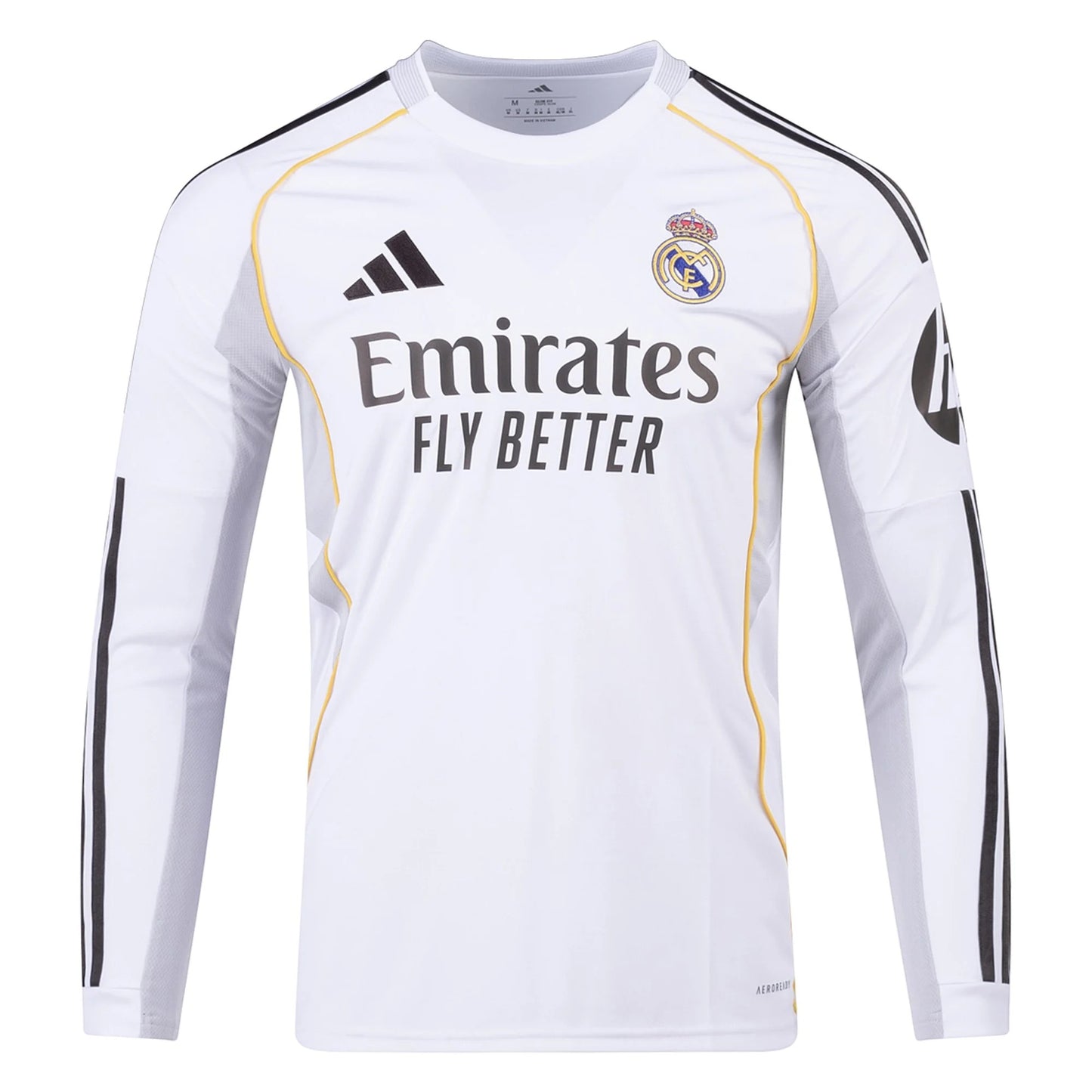 GOATkitz Real Madrid 2025-26 white long sleeve fan jersey with Emirates Fly Better sponsor and gold trim.