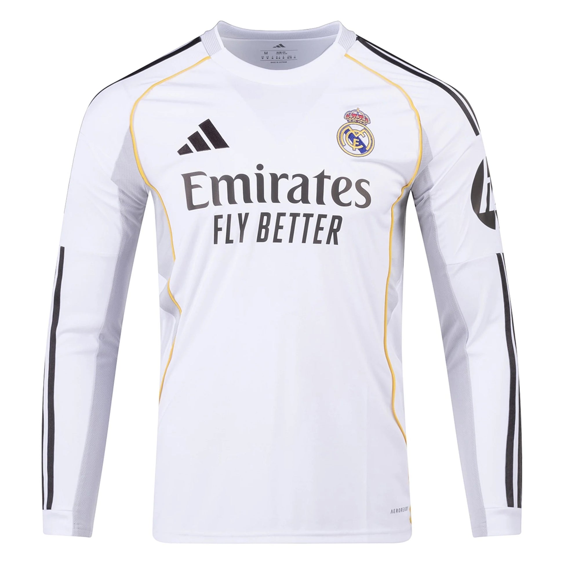 GOATkitz Real Madrid 2025-26 white long sleeve fan jersey with Emirates Fly Better sponsor and gold trim.
