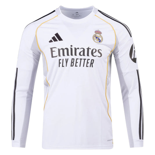 GOATkitz Real Madrid 2025-26 white long sleeve fan jersey with Emirates Fly Better sponsor and gold trim.