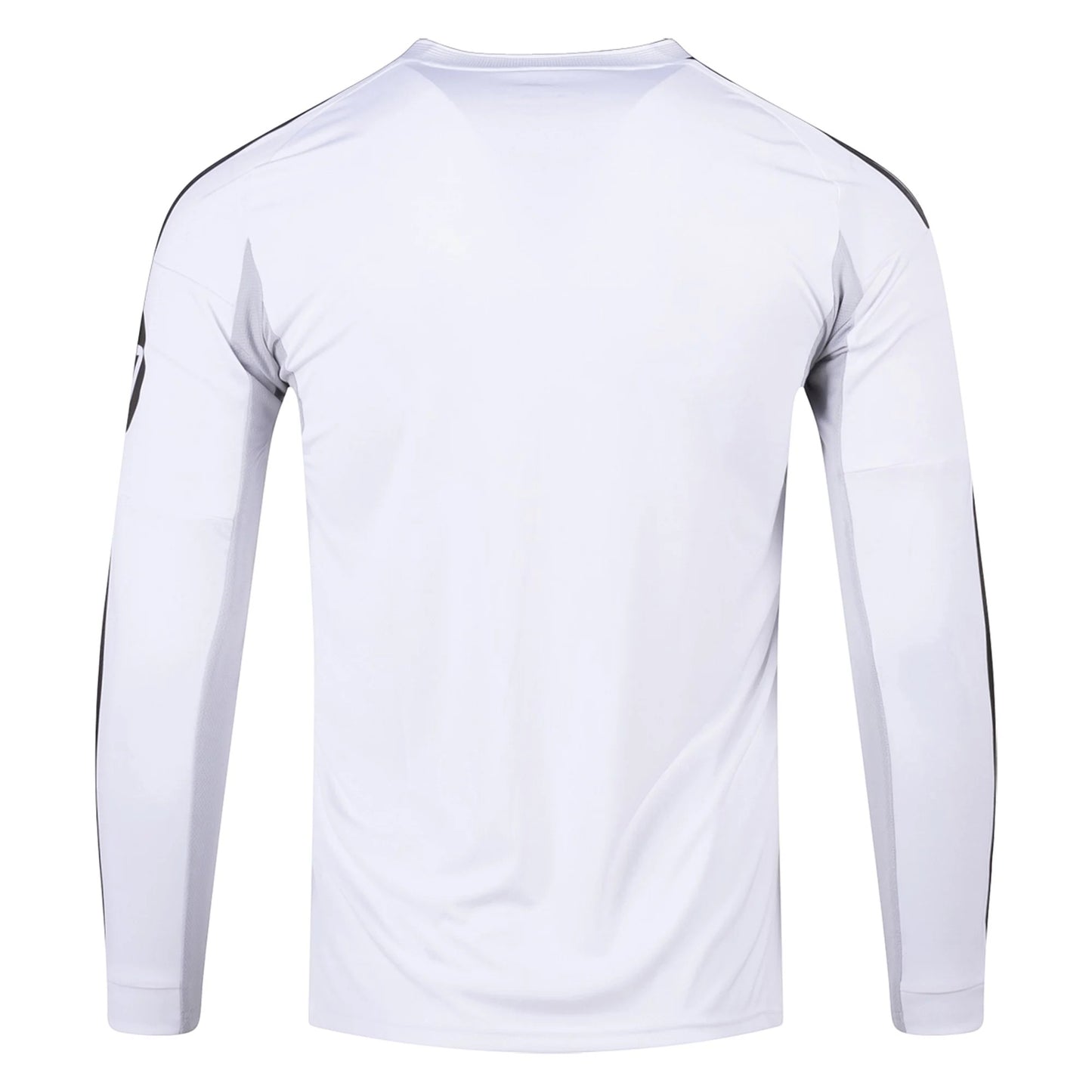 GOATkitz Real Madrid 2025-26 white long sleeve fan jersey with black accents on sleeves and sides.