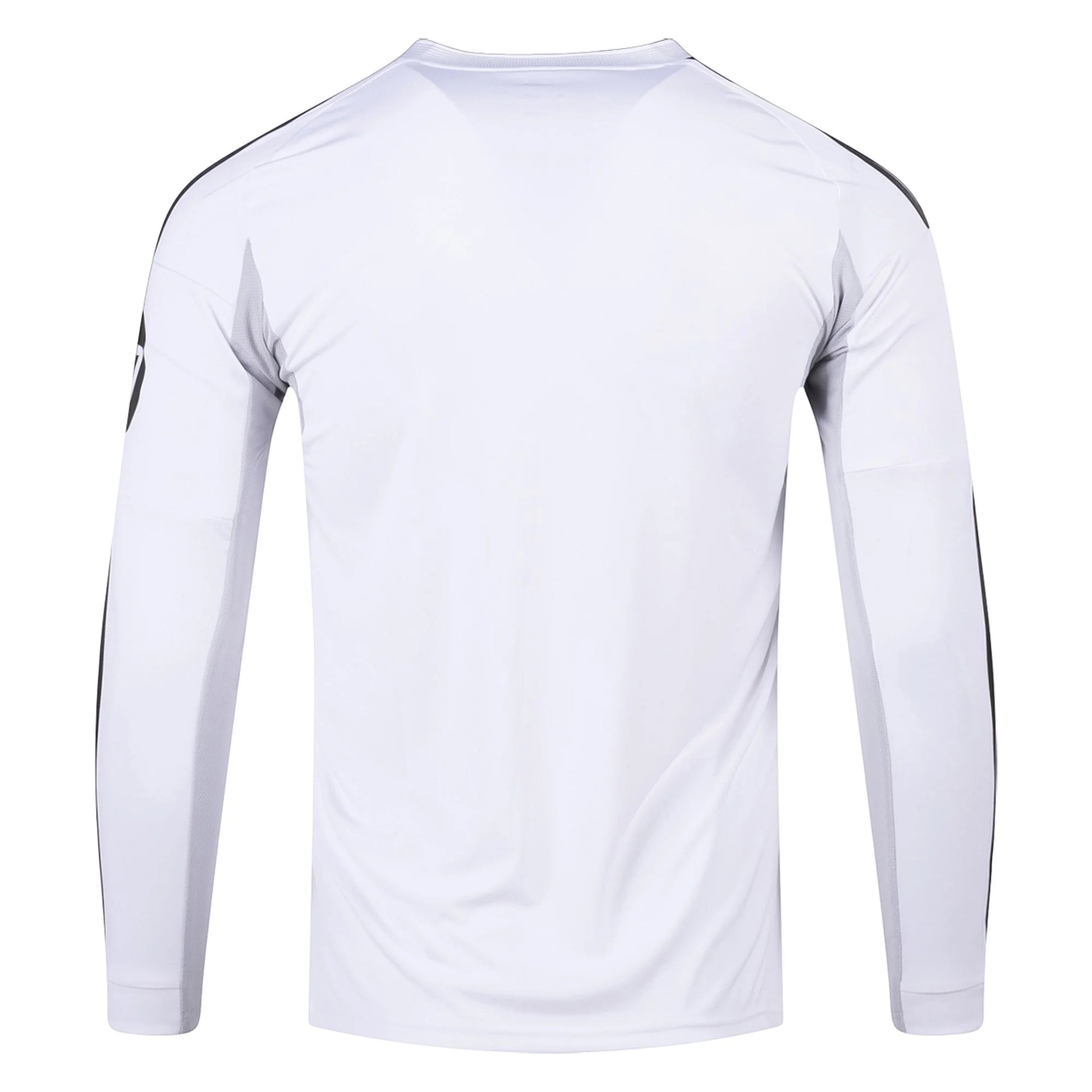GOATkitz Real Madrid 2025-26 white long sleeve fan jersey with black accents on sleeves and sides.