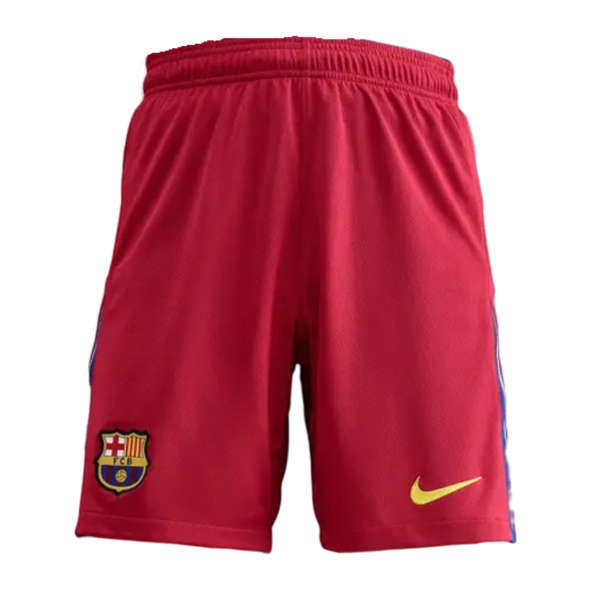 GOATkitz red kids' soccer shorts with FC Barcelona crest and Nike swoosh logo. Elastic waistband.