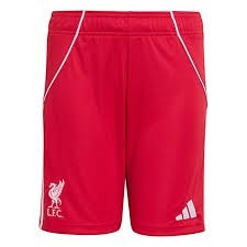 GOATkitz red Liverpool 2025-26 kids home football shorts with white trim and logos.