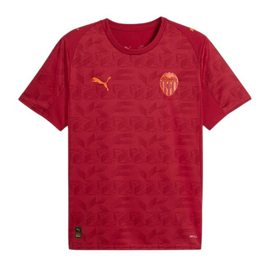 GOATkitz Valencia 2025-26 adult away jersey in red with a geometric pattern and orange Puma logo and team crest.