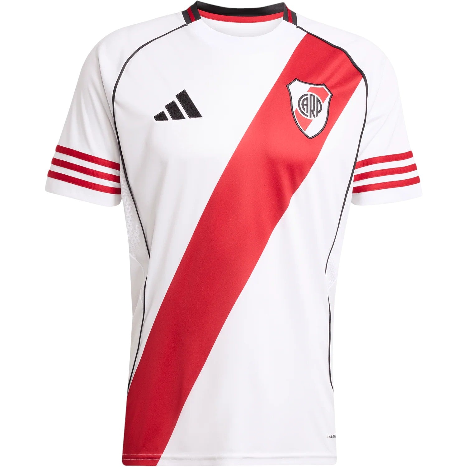 GOATkitz River Plate 2025-26 adult home jersey in white with a red diagonal stripe and red sleeve stripes. Features the club crest and Adidas logo.