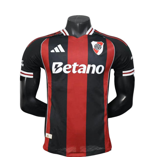 GOATkitz River Plate 2025-26 player version away jersey, black and red striped, customizable name and number.