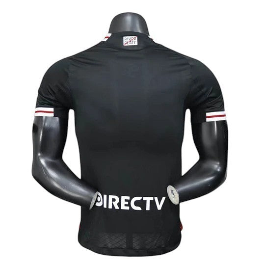 GOATkitz River Plate 2025-26 player version away jersey, black with white and maroon accents on collar and sleeves. Customizable.