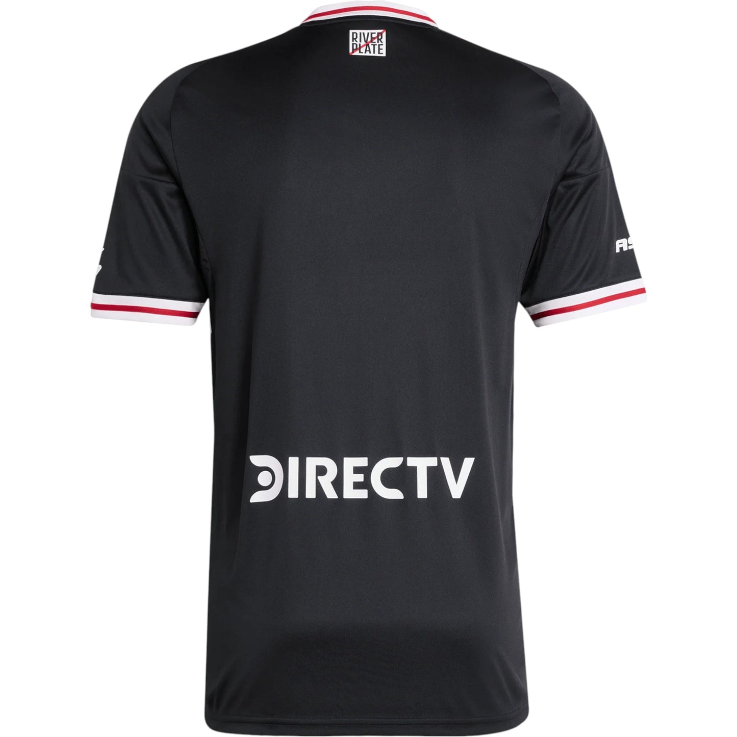 GOATkitz River Plate 2025-26 adult away jersey, black with red and white trim on collar and sleeves. Features DIRECTV logo on back.