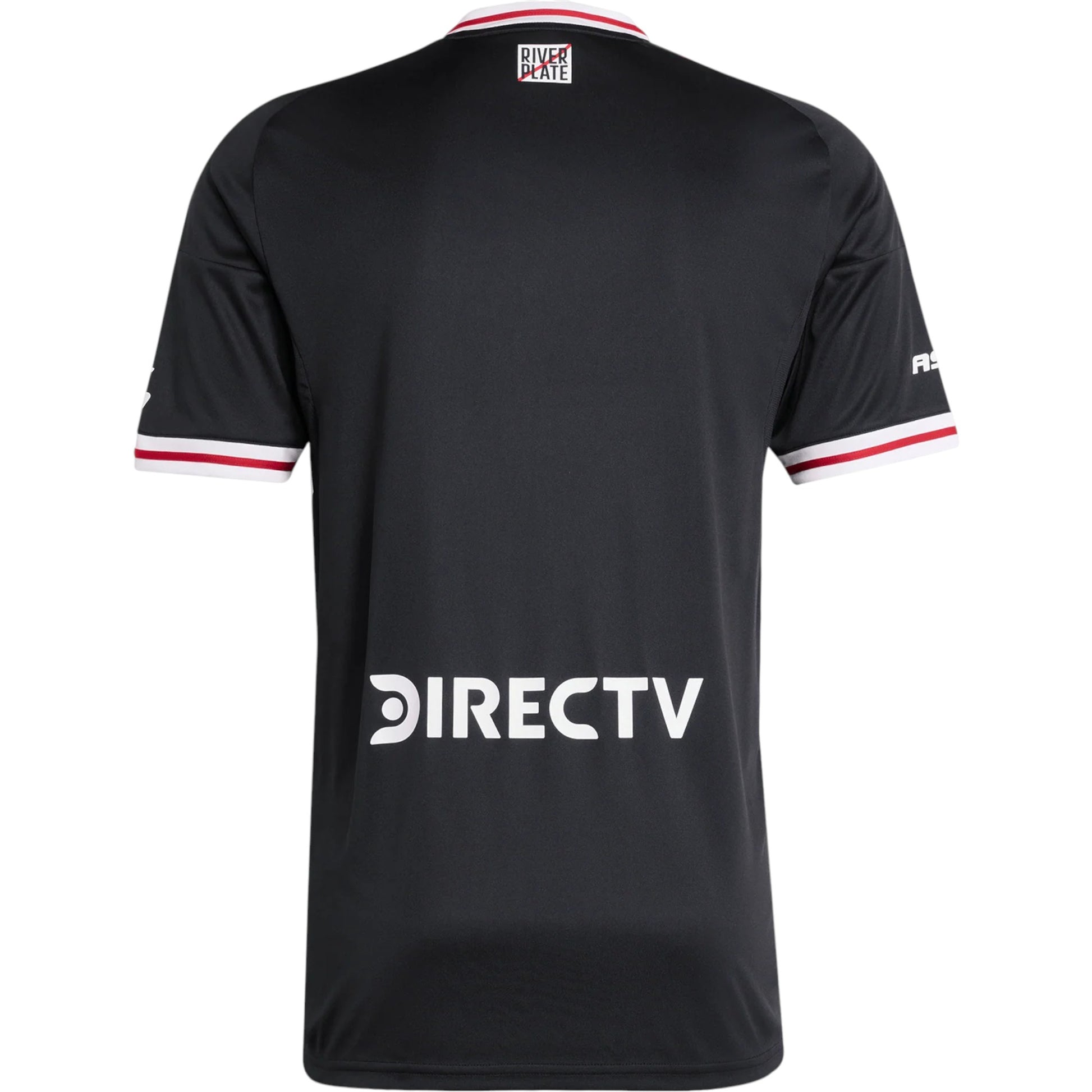 GOATkitz River Plate 2025-26 adult away jersey, black with red and white trim on collar and sleeves. Features DIRECTV logo on back.