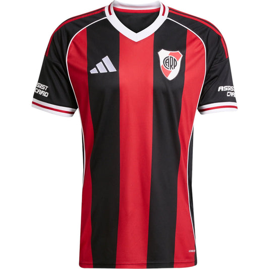 GOATkitz River Plate 2025-26 adult away jersey, red and black vertical stripes, white V-neck with red trim, Adidas logo, River Plate crest.