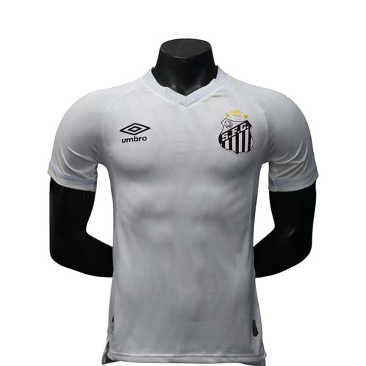 GOATkitz white Santos 2025-26 player version football jersey with Umbro logo and SFC crest. Customizable.