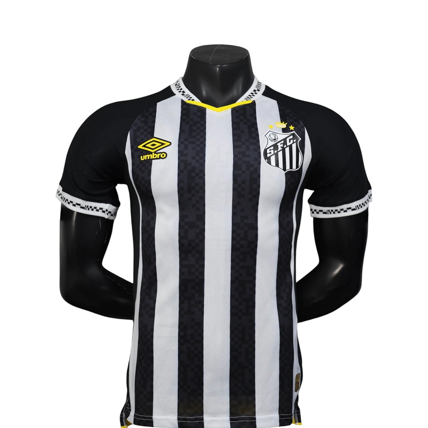 GOATkitz Santos 2025-26 player version away jersey, black and white striped, with yellow trim and Umbro logo.