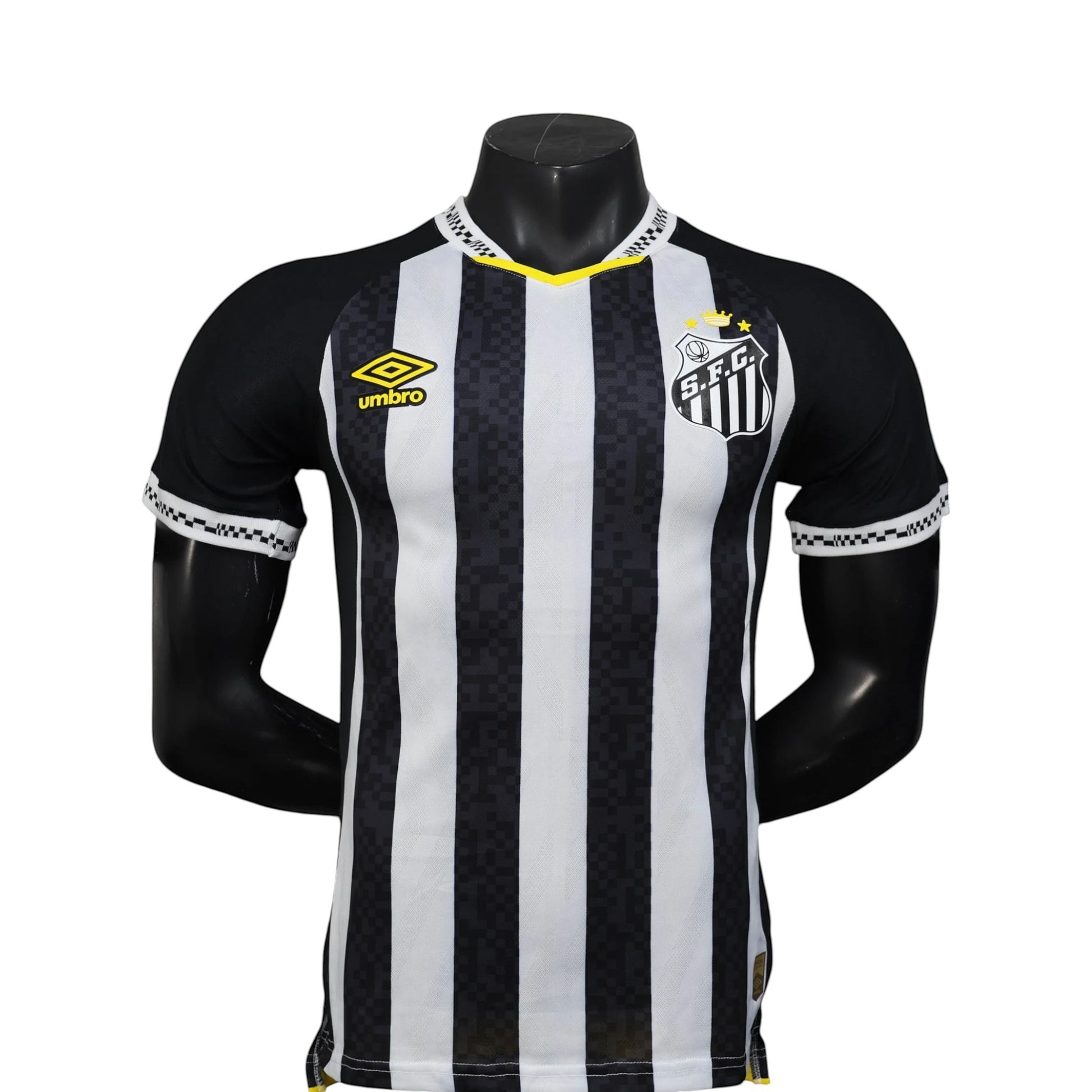 GOATkitz Santos 2025-26 player version away jersey, black and white striped, with yellow trim and Umbro logo.